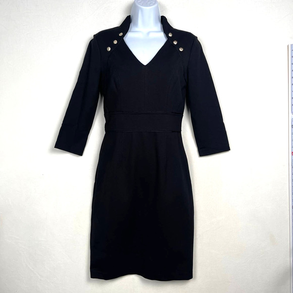 Ponte Knit White House Black Market Black Dress, Military Goldtone Buttons, Sz 2 - Picture 2 of 16